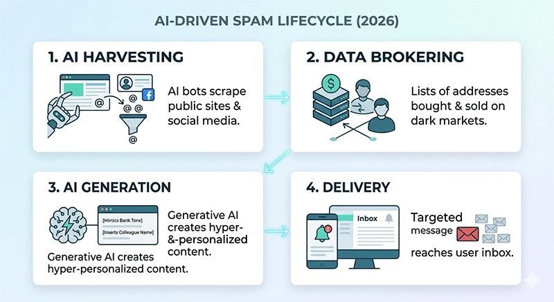 Infographic illustrating the lifecycle of an AI-driven spam email in 2026, from automated harvesting to data brokering and polymorphic phishing delivery