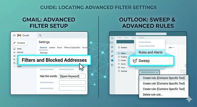Step-by-step guide image showing where to find advanced email filter settings in both Gmail and Outlook interface to block spam keywords