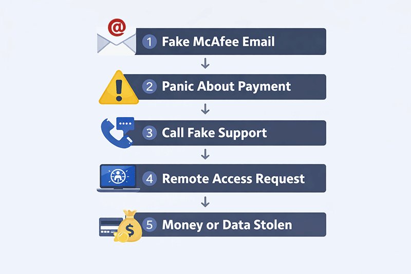 diagram explaining how the mcafee email scam works step by step