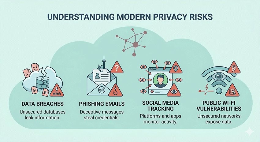 Top online privacy risks including data breaches, phishing, social media tracking