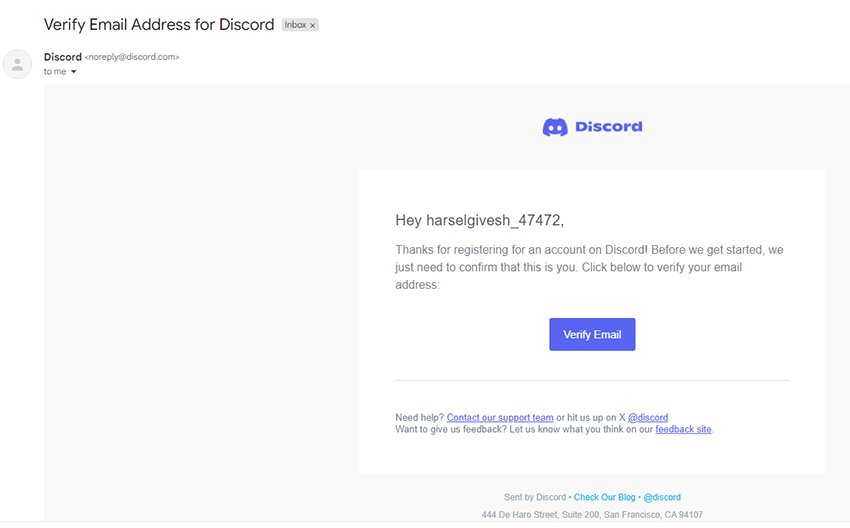 Clicking the verification link in a Discord email using Temp Mail for Discord for account confirmation