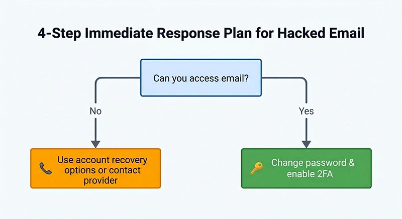 Decision tree showing steps to take after email is hacked based on access status