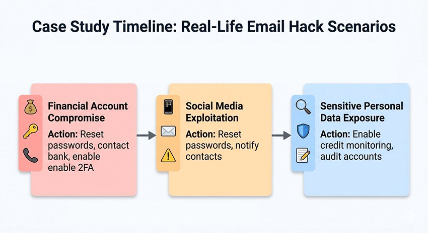 Timeline showing real-life email hack cases and actions taken to recover accounts