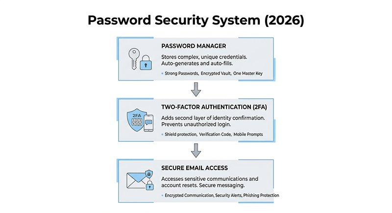 password security system overview password manager 2fa secure email layers