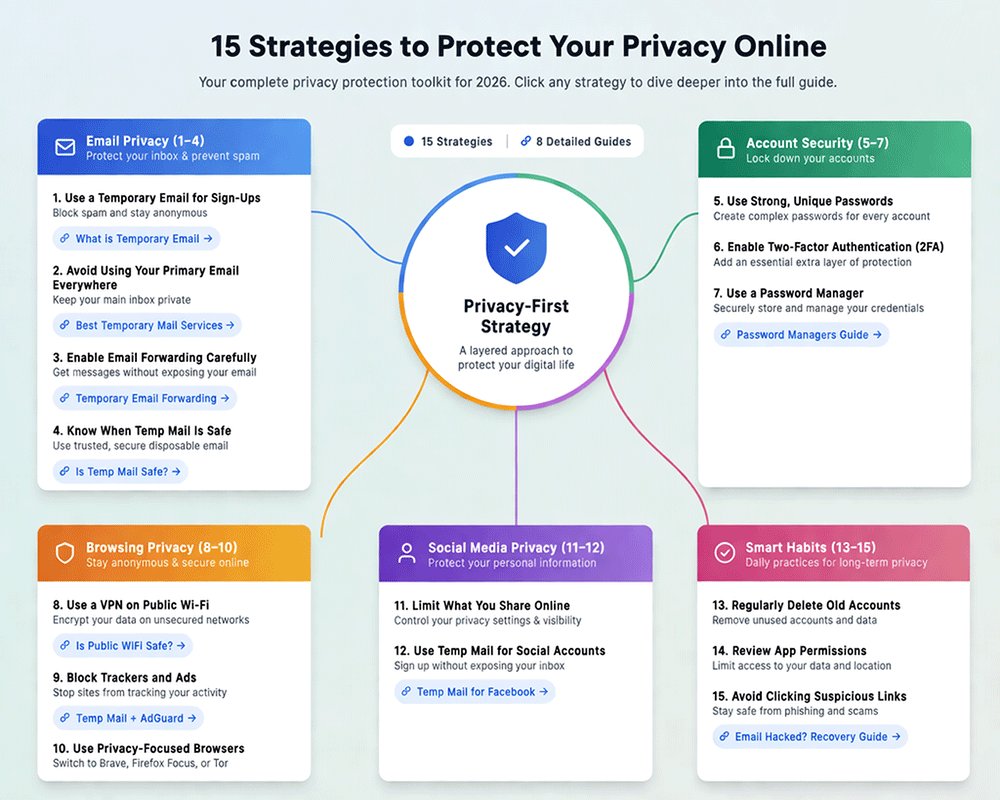 Overview of 15 online privacy strategies linking to sub-guides