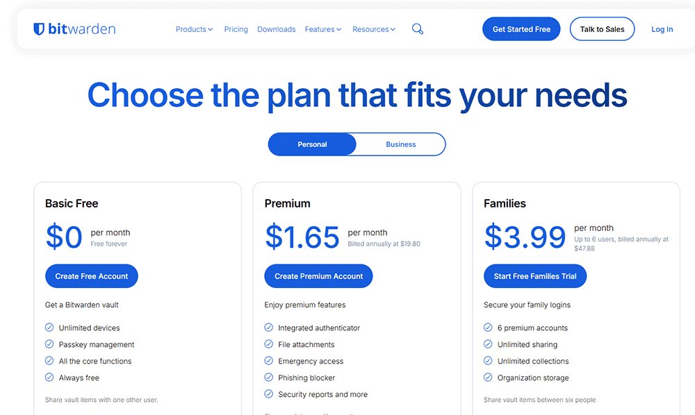 Bitwarden's free plan is more than enough for personal use.