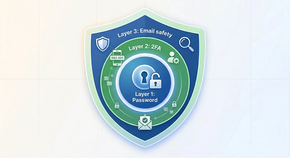 Amazon account security layers including strong password, two factor authentication, and email protection
