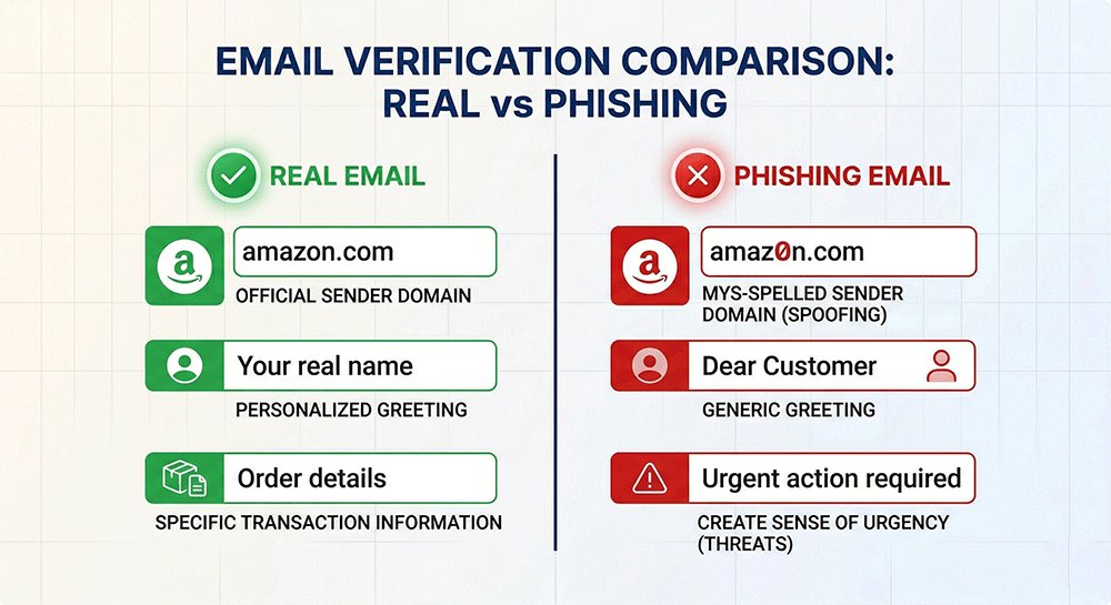 Amazon phishing email vs real Amazon email comparison showing fake sender domains and suspicious messages