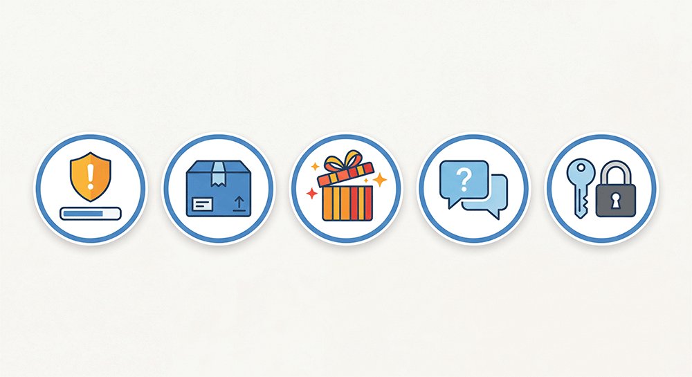 Icons representing five common eBay scam types