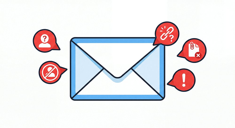 Illustration of an email with red flags indicating scam warning signs
