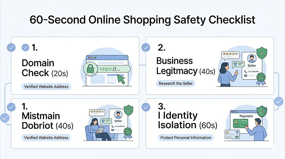 60-second online shopping safety checklist for 2026 showing domain check, business legitimacy, and identity isolation steps