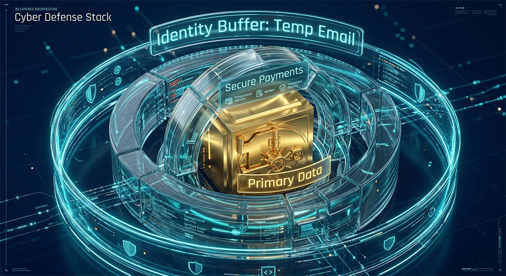 Cybersecurity defense stack diagram showing identity isolation using temporary emails and virtual cards to protect primary data