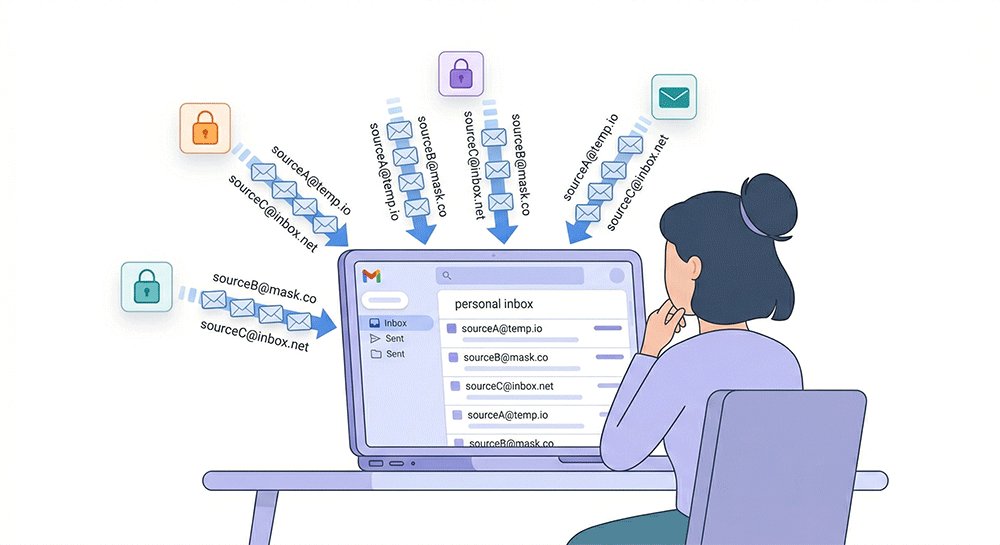 User managing multiple emails in one inbox using temp mail forwarding