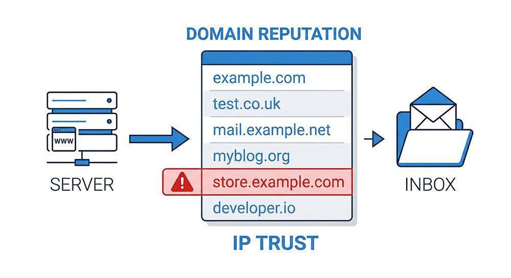 Illustration of disposable email domain being flagged and blocked by platform blacklist)