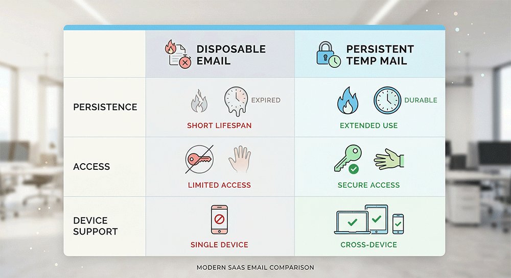 Simple flow diagram showing how login-based temporary email works across sessions