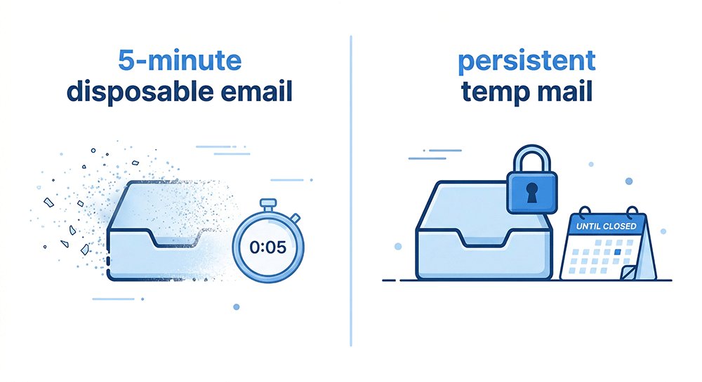 Temporary email with password compared to disposable email showing access continuity concept in 2026