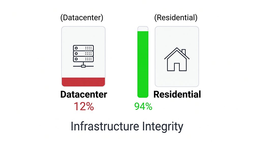 A clean comparison between low-trust datacenter domains and high-trust residential email identities.