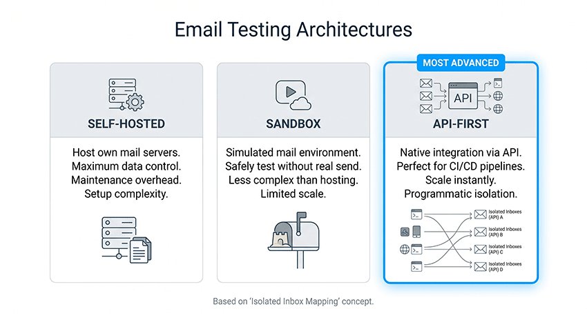 Comparison of self-hosted, sandbox, and API-first email testing architectures