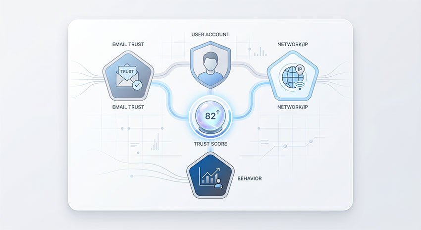 Twitter/X account trust system combining email, IP, and behavior signals.