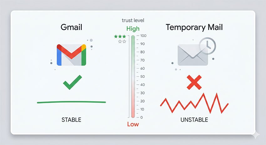 Comparison between Gmail and temp mail for Twitter/X signup success rates