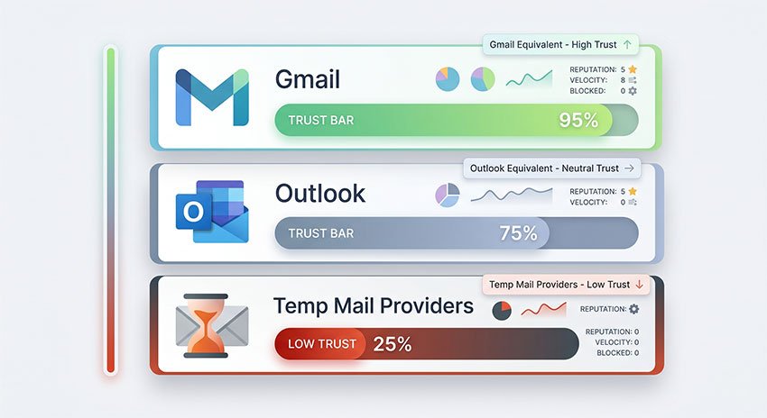 Twitter/X domain reputation system ranking email providers like Gmail and temp mail.