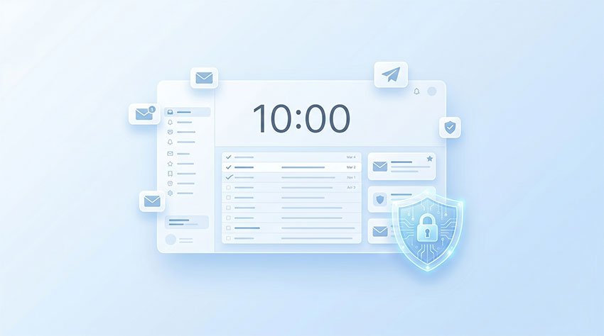 Temporary email inbox interface showing 10 minute countdown and disposable email concept