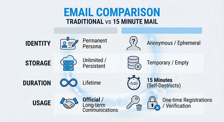 comparison between traditional email and 15 Minute Mail showing differences in storage identity and usage)