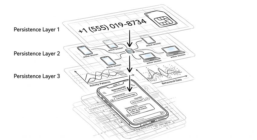 Telegram identity system built on phone number, device session and behavioral continuity