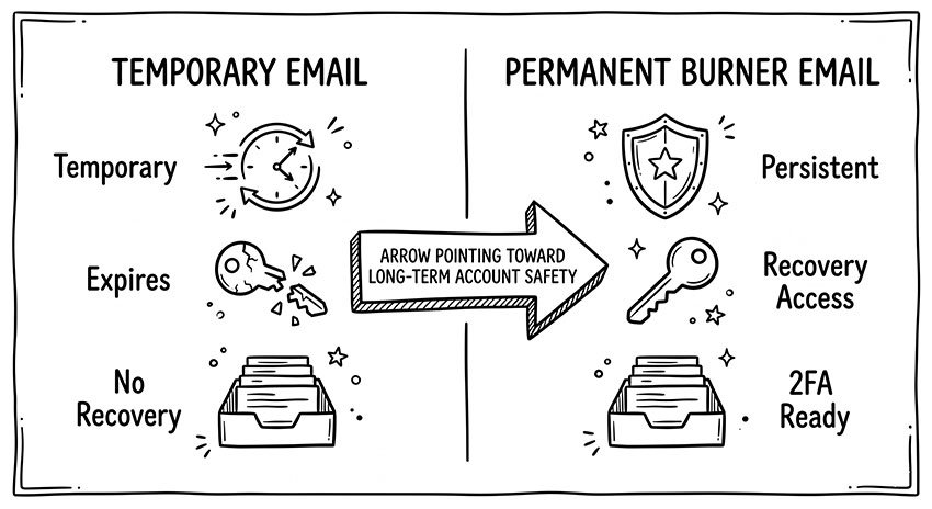 Comparison between temporary email and permanent burner email for Epic Games accounts