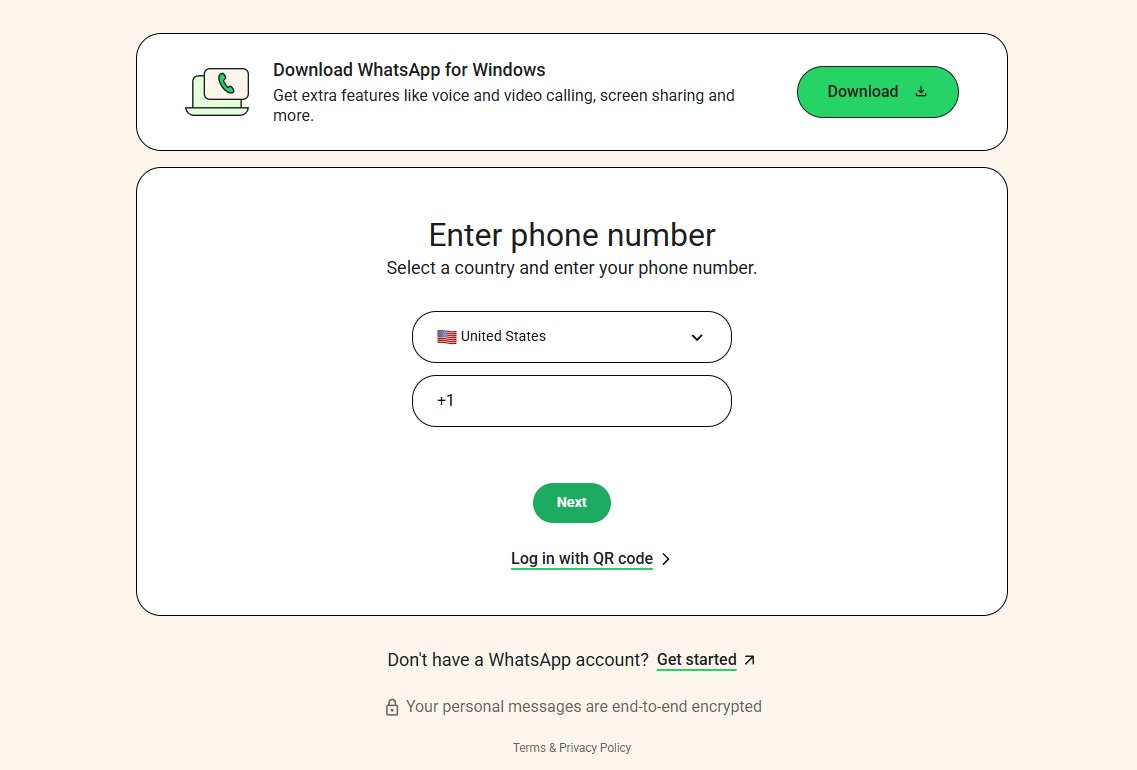 WhatsApp signup screen showing only a phone number field and no email input.