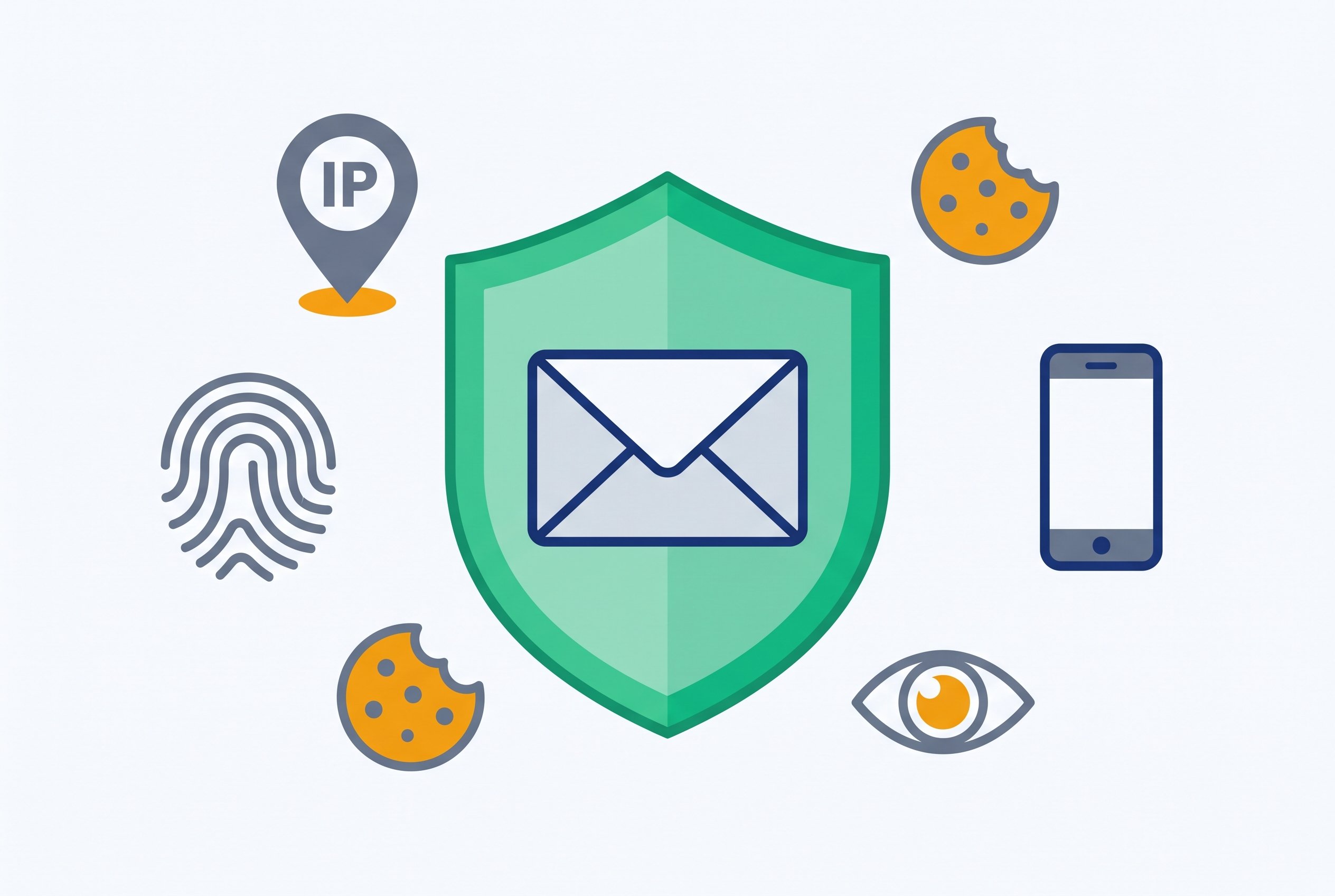 Illustration showing temporary email protects only your email address (shielded envelope) while IP address, browser fingerprint and cookies remain visible to websites