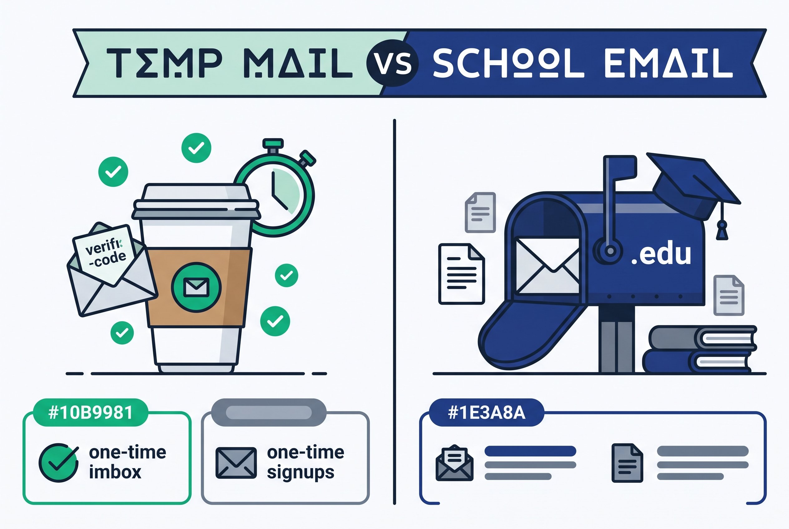 Side-by-side illustration of student temp mail (disposable inbox for one-time signups) versus school email (permanent .edu account for academic communication)