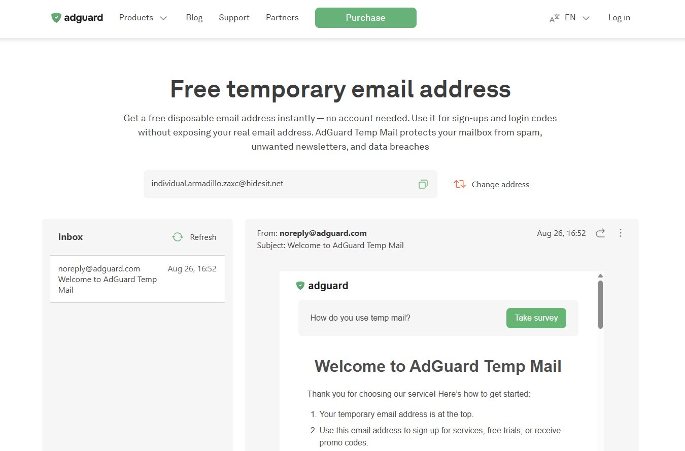 Página de inicio de AdGuard Temp Mail